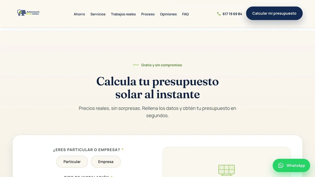 Entrada a la calculadora de presupuesto solar.