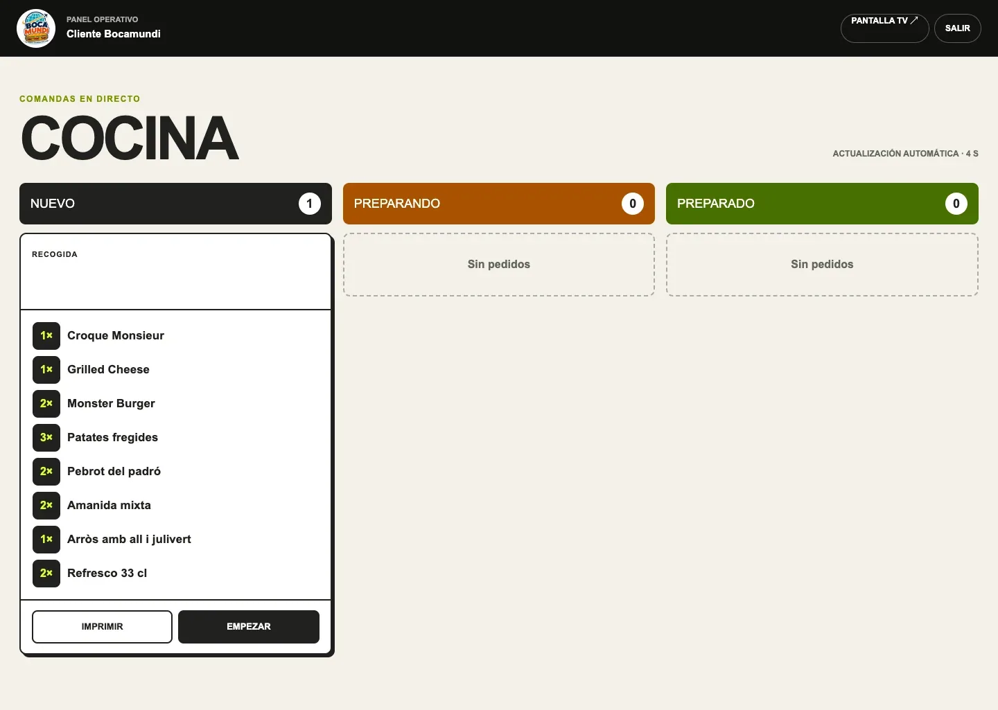 Cocina · Comandas e impresión de tickets. Captura real con datos del pedido ocultos.
