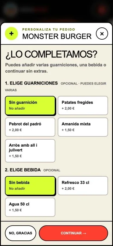 Opciones de guarnición y bebida en Bocamundi.